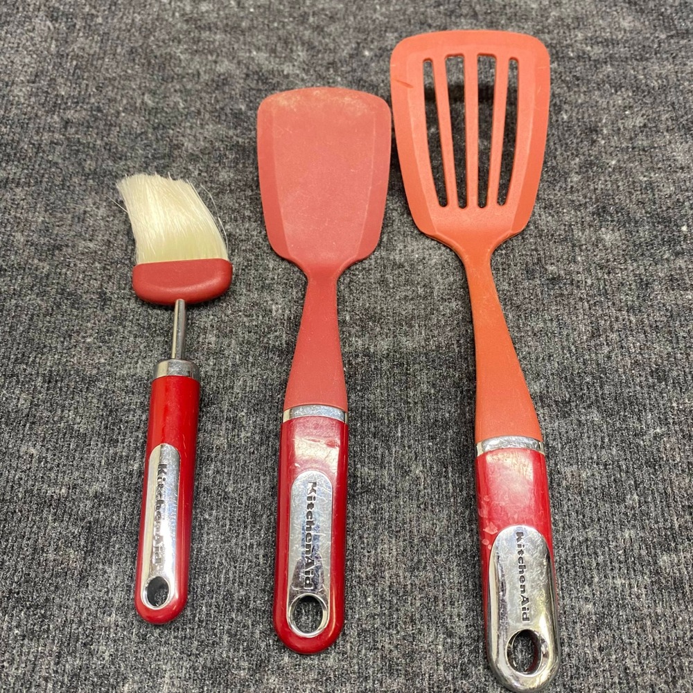 KitchenAid Red Silicone Utensil Set 3pc Slotted Turner Spatula Basting Brush